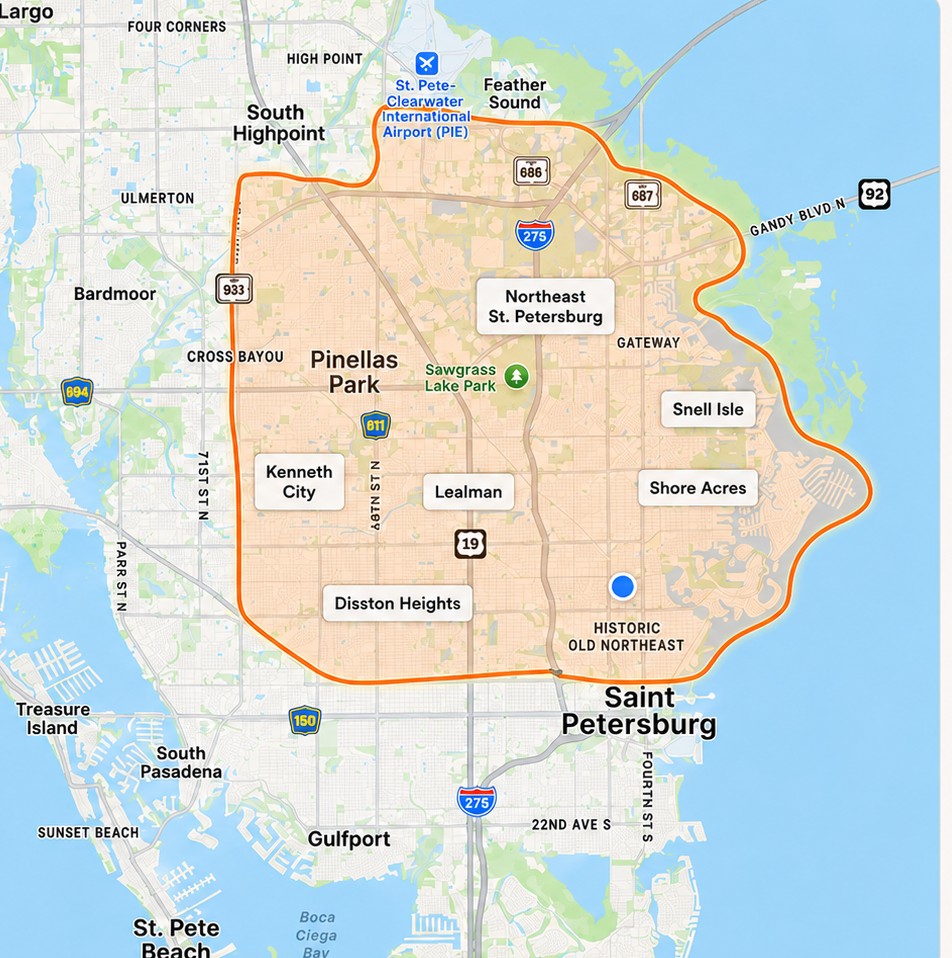 Amber Lawn Care service area map — St. Petersburg, Pinellas Park, Lealman, Kenneth City, Snell Isle, Shore Acres and surrounding neighborhoods