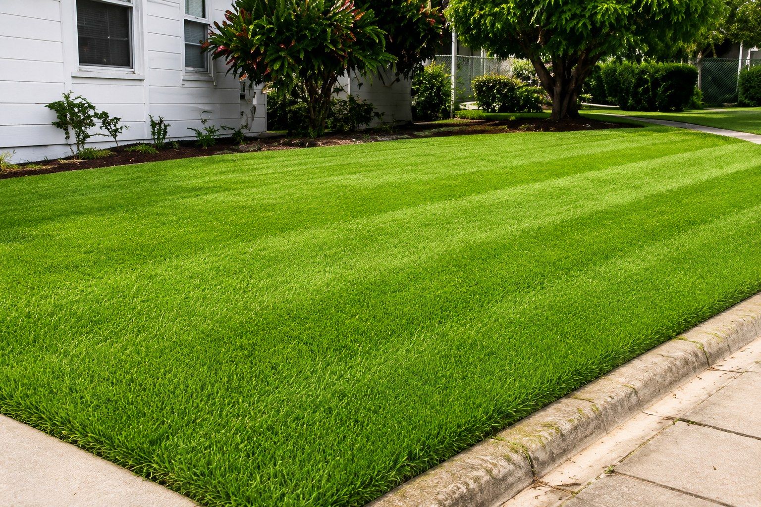 Freshly mowed striped lawn after Amber Lawn Care service in St. Petersburg