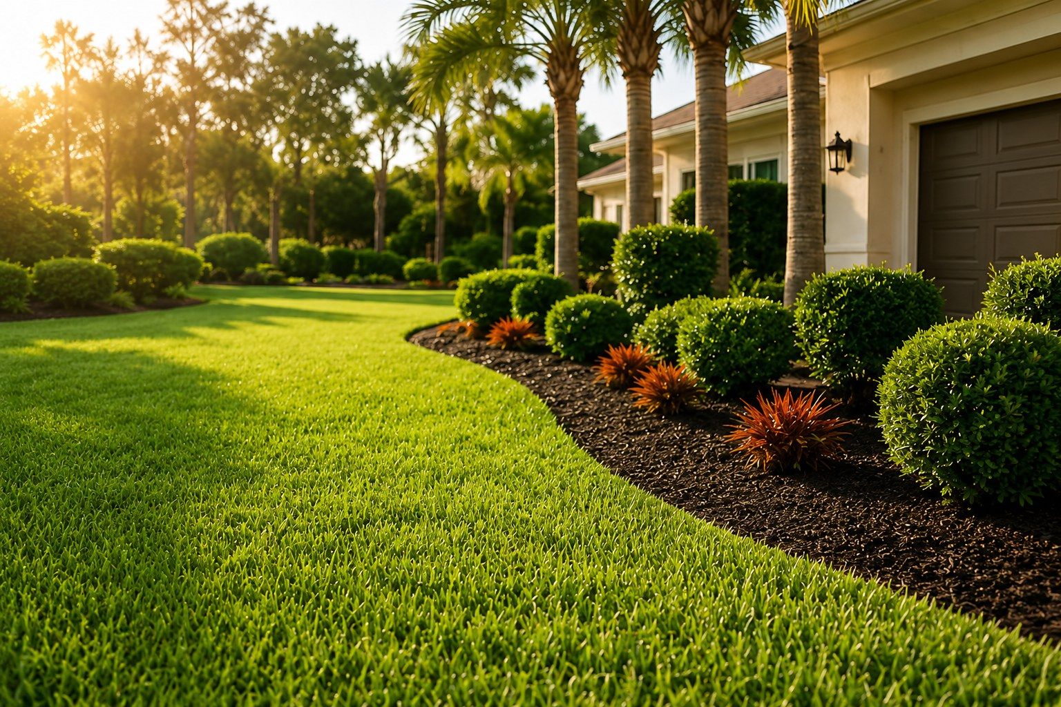 Golden-hour St. Petersburg lawn with manicured landscaping and palm trees