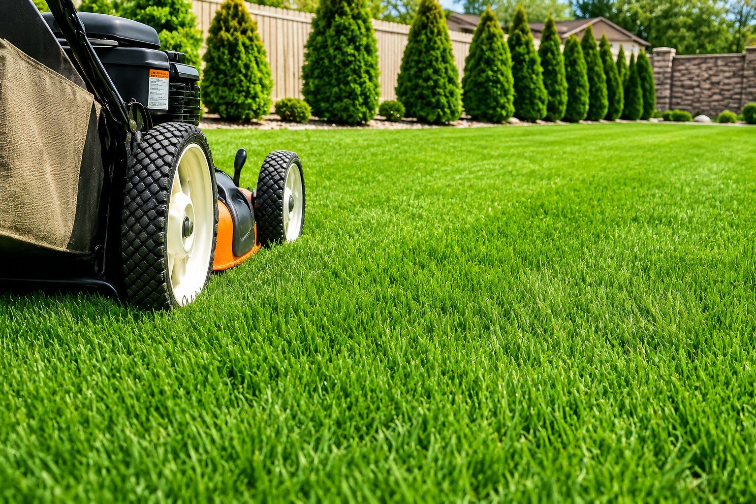 Professional lawn mowing in St. Petersburg, FL — push mower on a freshly cut backyard lawn