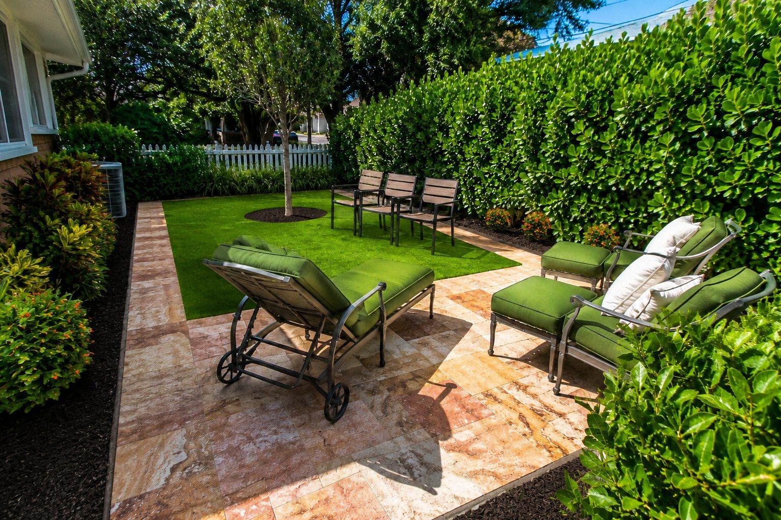 Beautifully maintained St. Petersburg backyard with paver patio and trimmed hedges