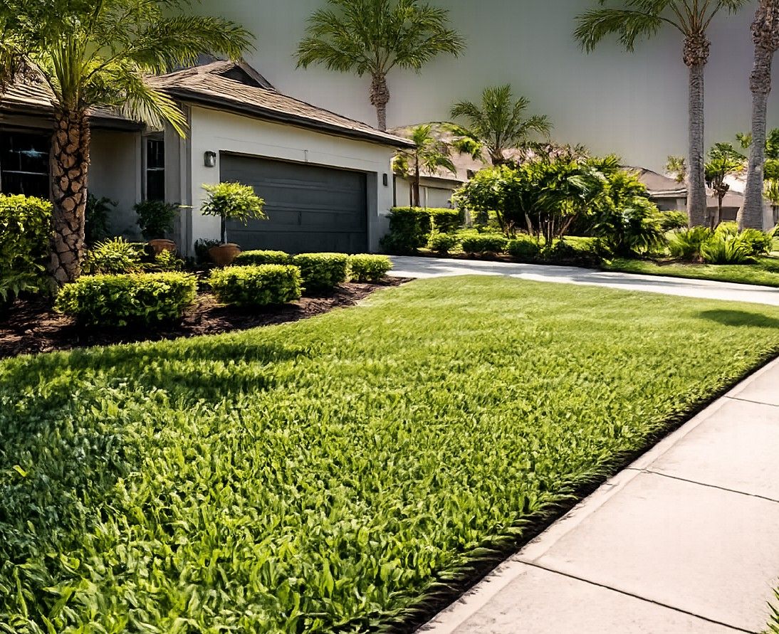 Freshly mowed St. Petersburg front lawn with palm trees and clean landscaping