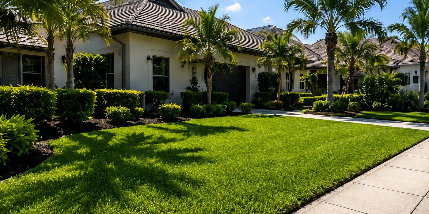 Freshly mowed St. Petersburg lawn with crisp edges and palm trees