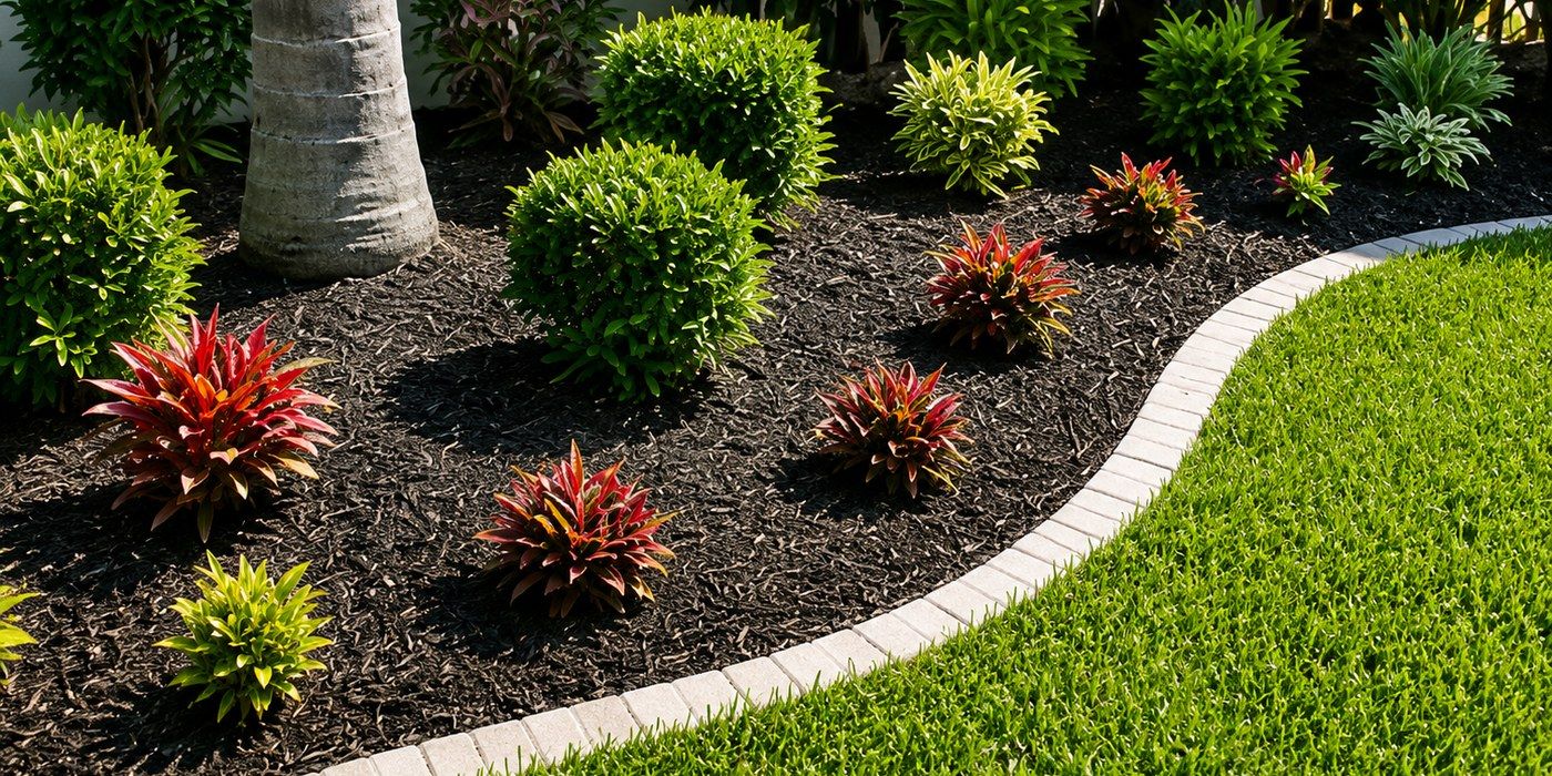 Fresh mulch bed with trimmed shrubs and clean stone edging