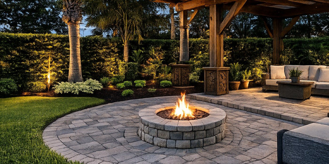 Paver patio with stone fire pit and pergola at dusk