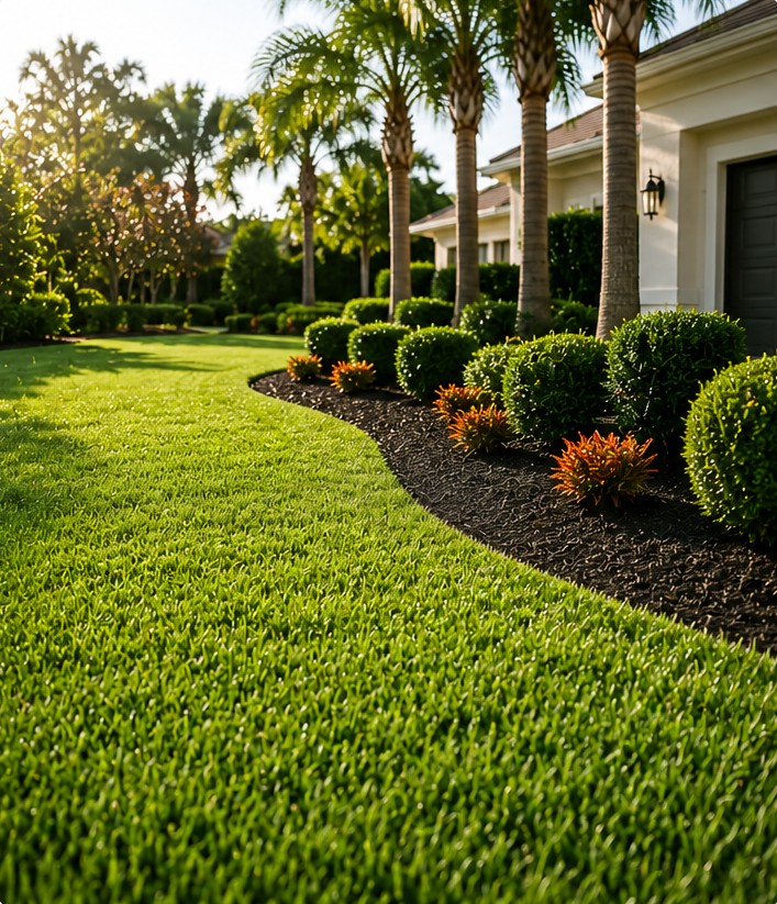 Freshly mowed St. Petersburg lawn with crisp mulch bed edge and palm trees